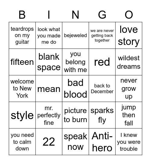 Taylor Swift! Bingo Card