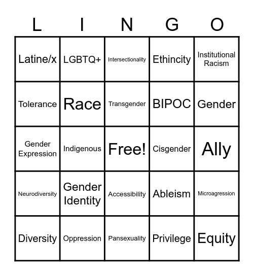 Inclusive Lingo Bingo Card