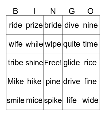 Long i Words Bingo Card