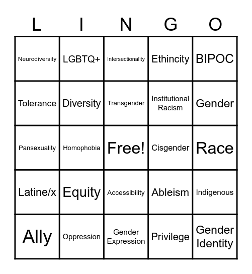 Inclusive Lingo Bingo Card