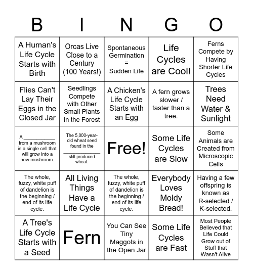 Bill Nye - Life Cycle Bingo Card
