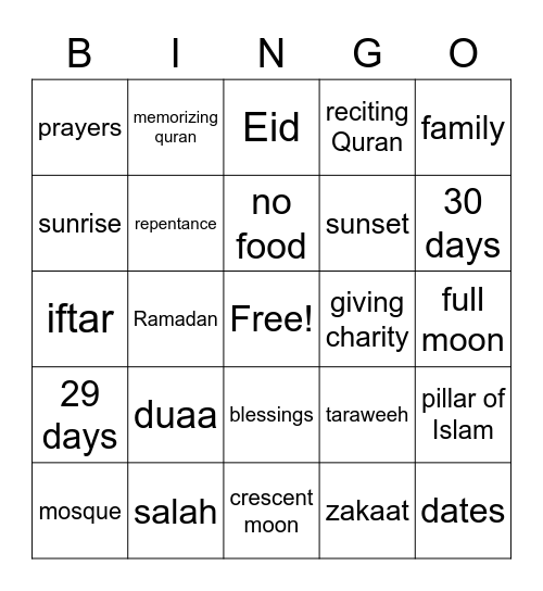 Ramadan BINGO Card