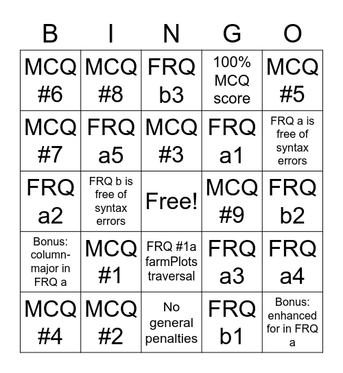 Unit 8 Answer Bingo Card