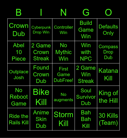 Season 2 Fortnite Bingo Card