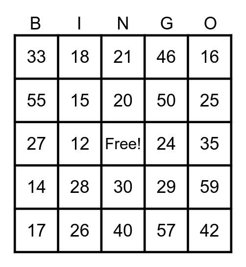 T1A Numbers 10 - 60 Bingo Card