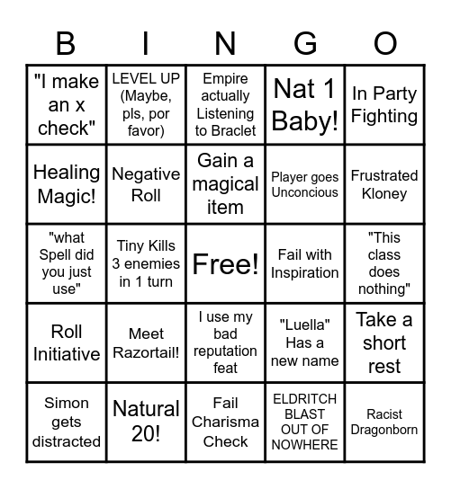 Big D&D Bingo Card