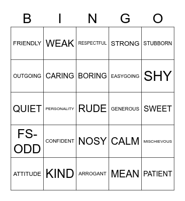 PERSONALITY VOCABULARY Bingo Card