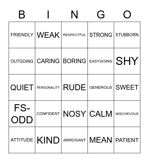 PERSONALITY VOCABULARY Bingo Card