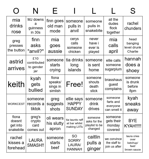 ONEILLS Bingo Card