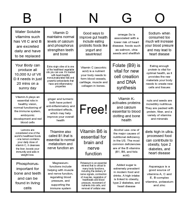 Vitamins and Nutrition Bingo Card