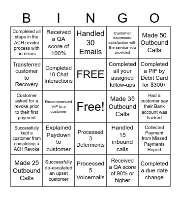 Customer Service Bingo Card