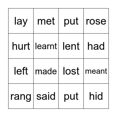 past simple verbs Bingo Card