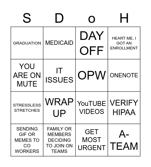 SDoH MEDICAID BINGO Card