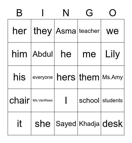 Noun/pronoun Bingo Card