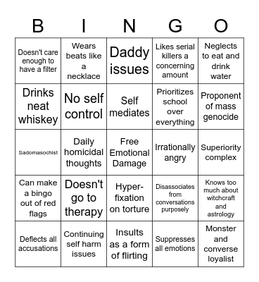 Jenna's Red Flags Bingo Card