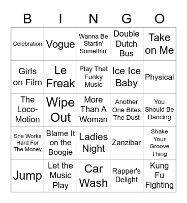 "Roller Skating" Songs Bingo Card
