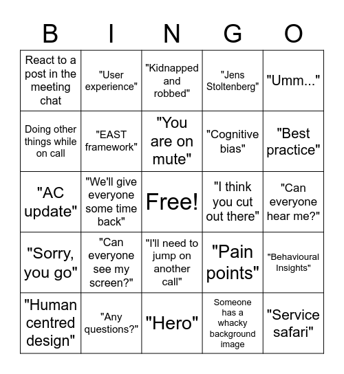 Monthly meeting Bingo Card