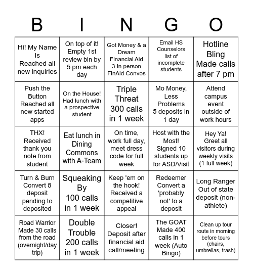 Outreach for the Stars Bingo Card