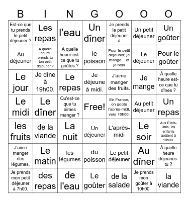 Les moments de la journée et les repas Bingo Card