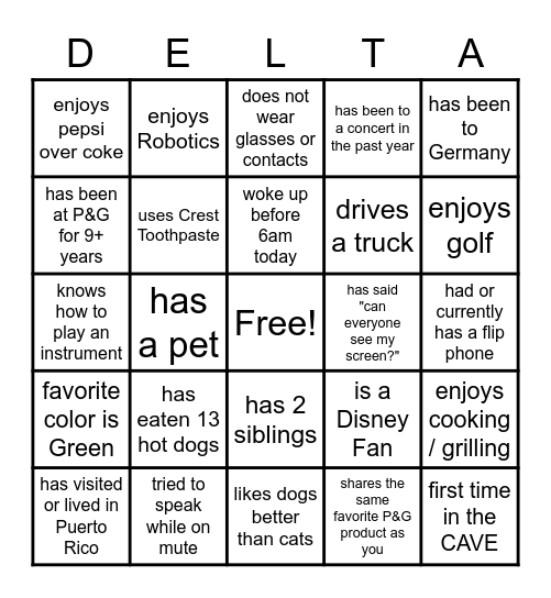 Delta Pack BINGO Card