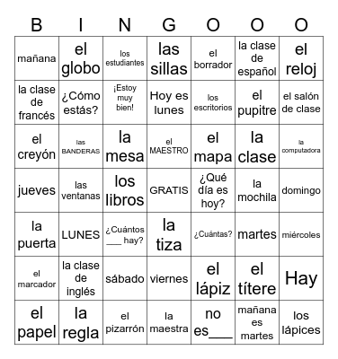 El salón de clases Bingo Card