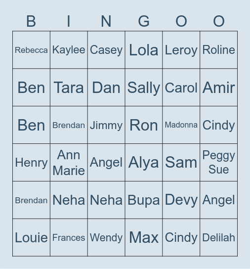 Names Bingo Card