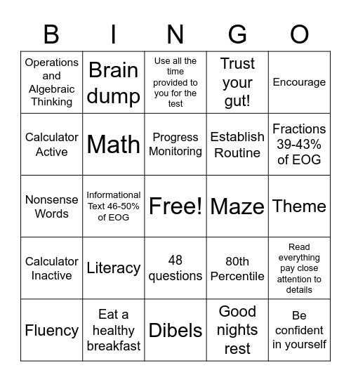 EOG/Dibels 2023 Bingo Night Bingo Card