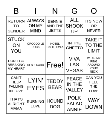 Elvis, Elton or Eagles Bingo Card