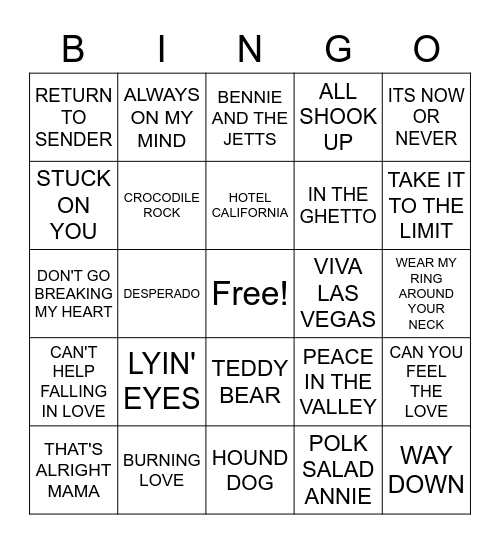 Elvis, Elton or Eagles Bingo Card