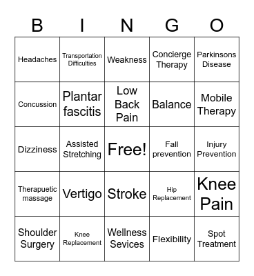 Mobile Physical Therapy Bingo Card