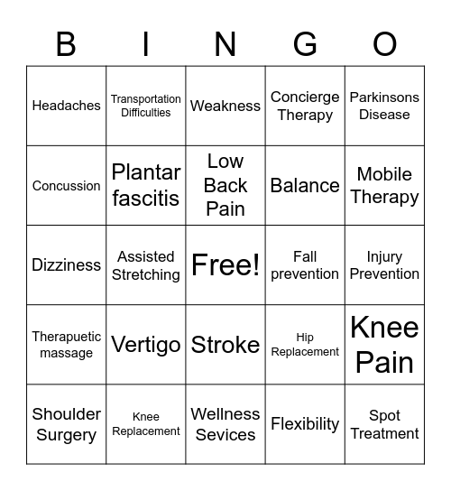 Mobile Physical Therapy Bingo Card