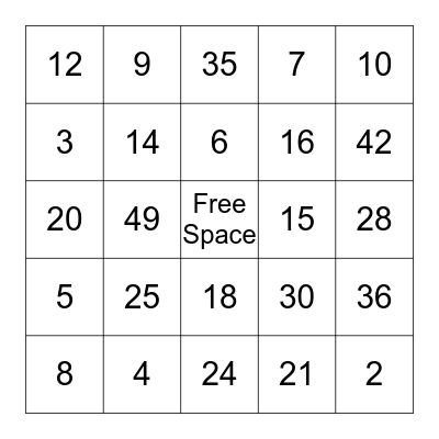 X 1-7 Bingo Card