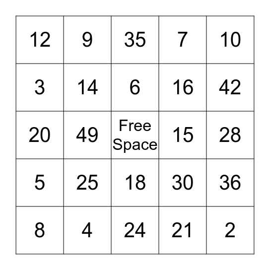 X 1-7 Bingo Card