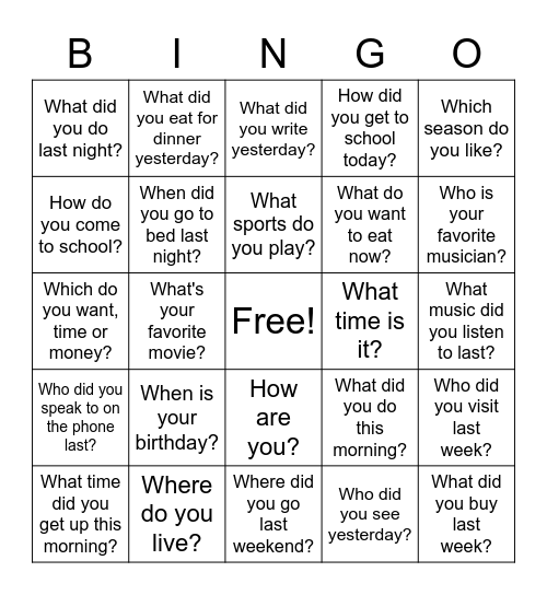 疑問詞で始まる疑問文 Bingo Card