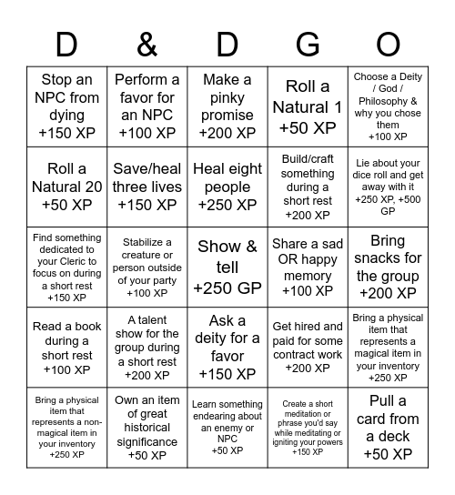 Sajin's D&DGO Card Bingo Card