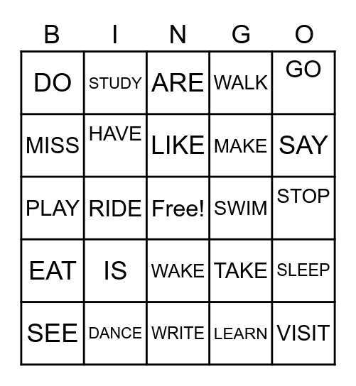 SIMPLE PAST TENSE VERBS Bingo Card