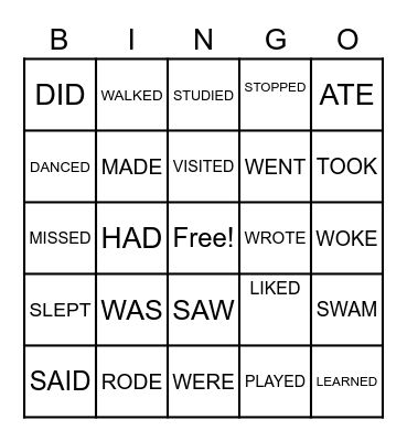 SIMPLE PAST TENSE VERBS Bingo Card