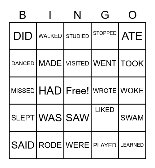 SIMPLE PAST TENSE VERBS Bingo Card