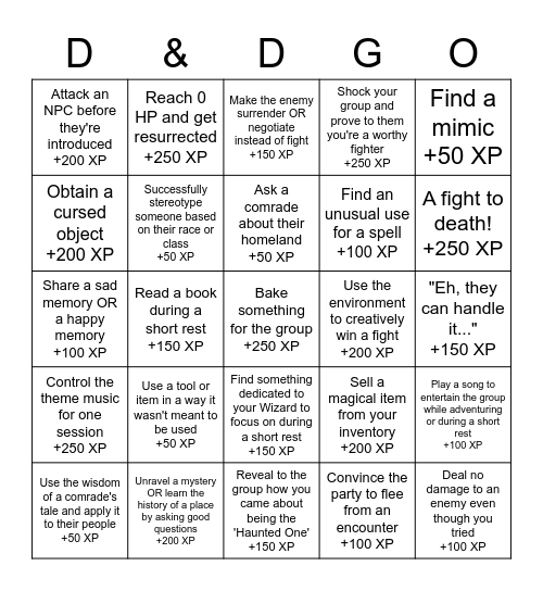 Faewynn's D&DGO Card Bingo Card