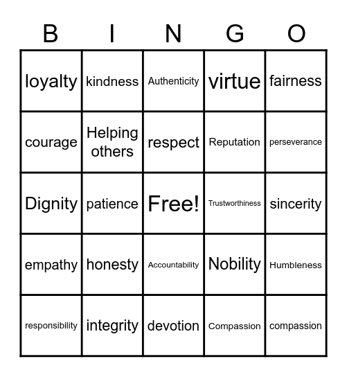 Honor Bingo Card