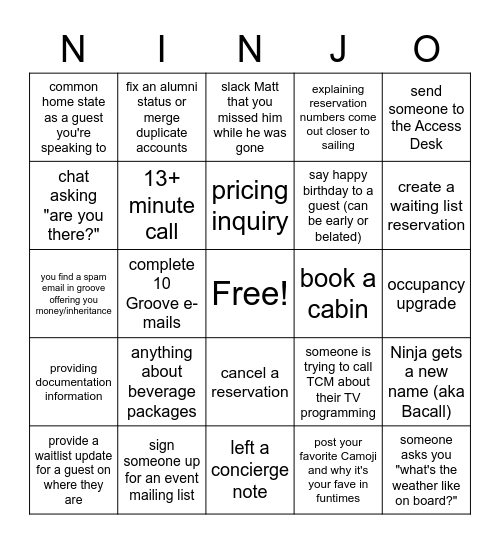 Hometeam NINJ-O Bingo Card