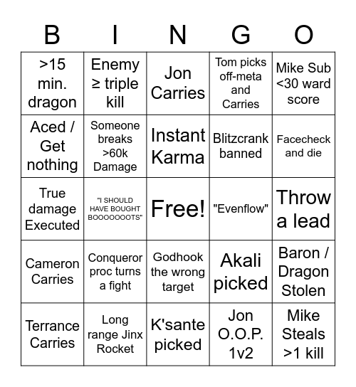 League of Legends Bingo Card