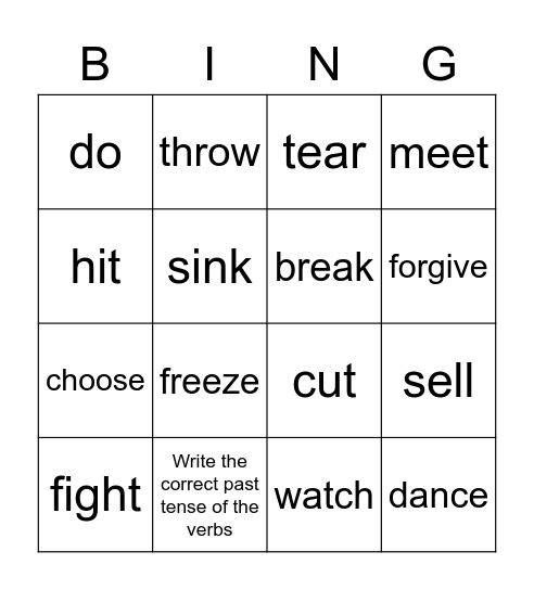 Regular and Irregular Verbs Bingo Card