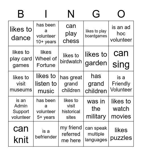 volunteer appreciation Bingo Card