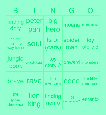 Disney films Bingo Card