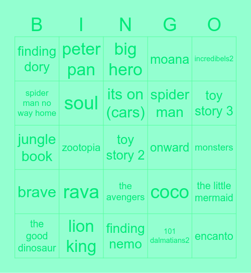 Disney films Bingo Card