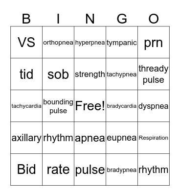 Temperature, Pulse and Respirations Bingo Card