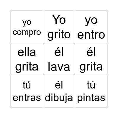 -AR SPANISH VERBS Bingo Card