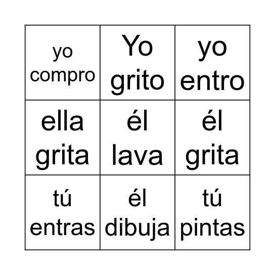 -AR SPANISH VERBS Bingo Card