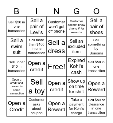Kohl's Cashier Bingo Card